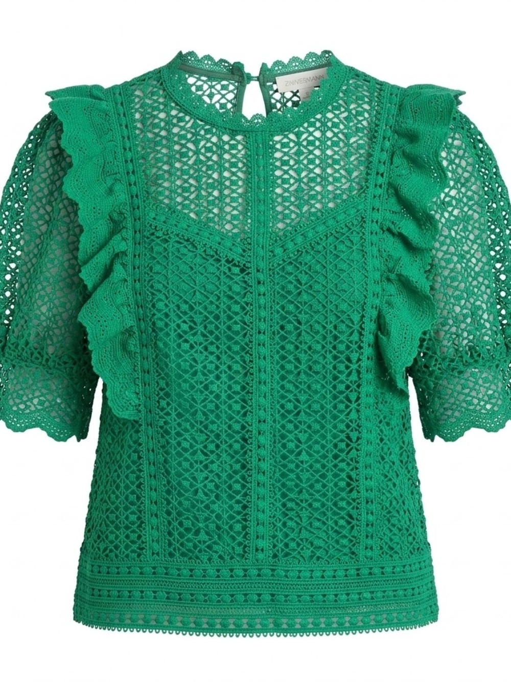 Ultra Pink Crochet Lace Blouse Medium Green Cottagecore Ruffle Sheer Top
